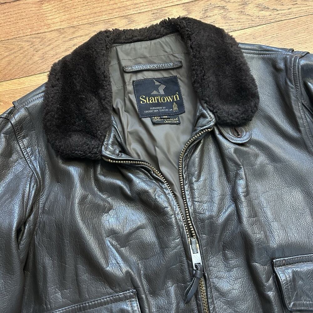 Vintage 60s 70s Startown USN Military Brown Leather Flight Bomber Jacket 46 - Picture 2 of 7